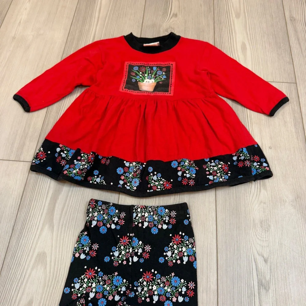 Vintage Spumoni by Rose Cage Red Floral Tunic and Leggings Set Toddler 2T USA